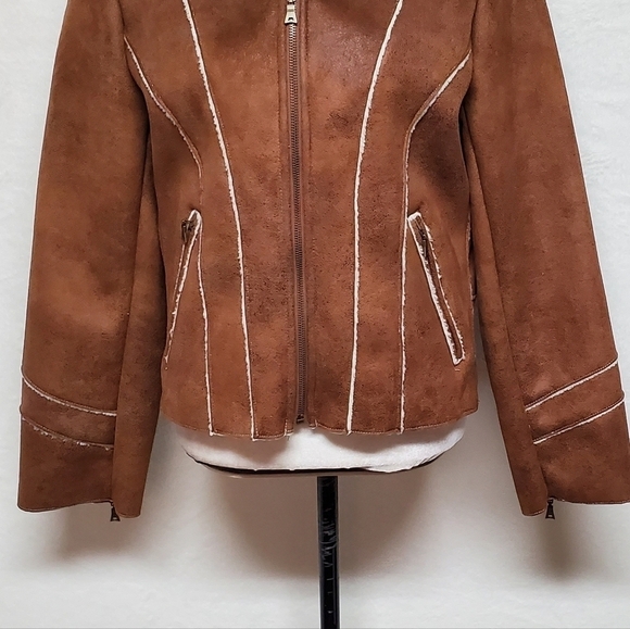 VINTAGE 90s Toffee Faux Suede Faux Fur Zip-Sleeve Full-zip Fleece Lined Jacket - Picture 6 of 13